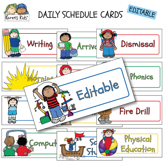 SCHEDULE CARDS for the Day PRIMARY COLORS (Karen's Kids Editable Printables)