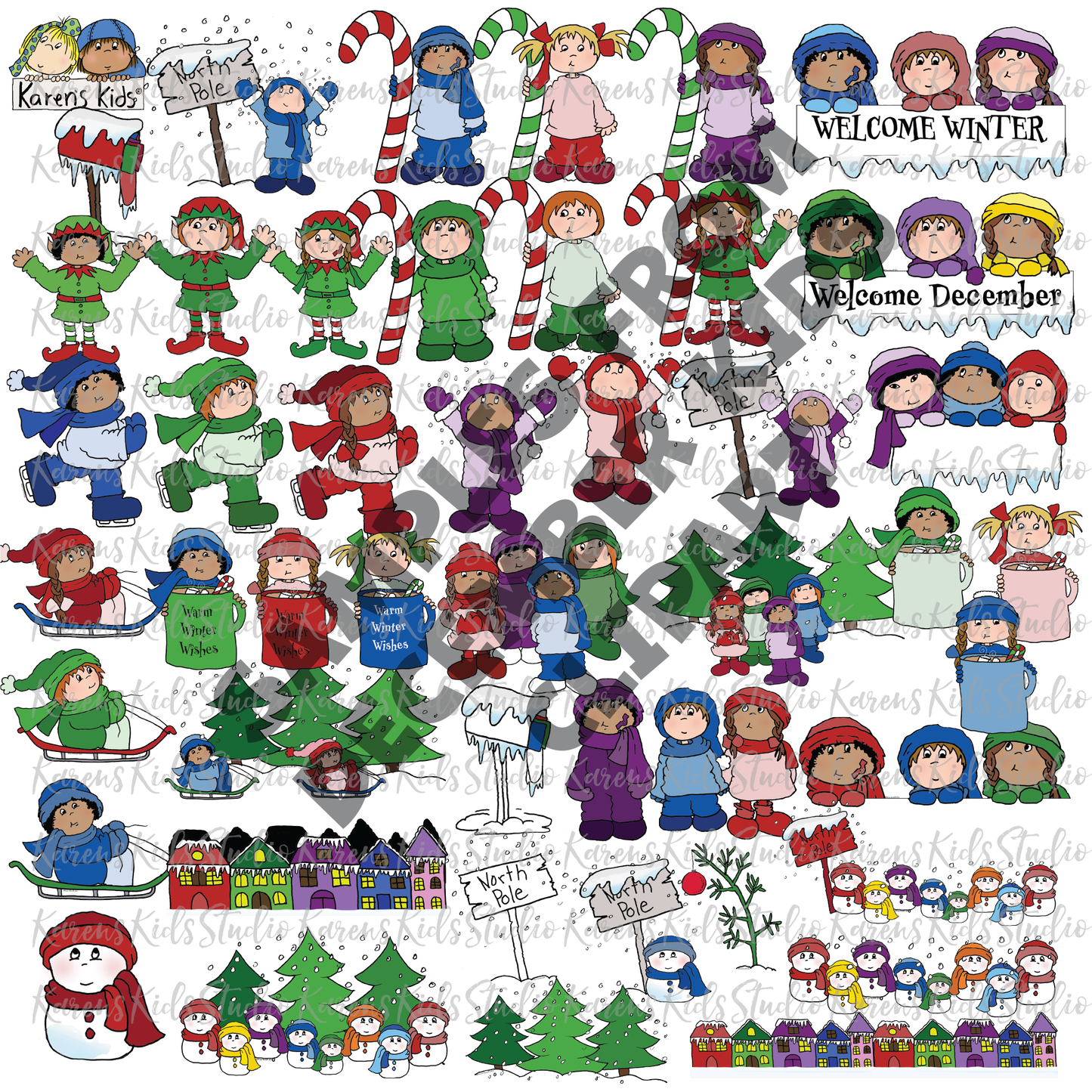 Samples of colorful clipart images of winter and December elves, snowmen, North Pole and more.