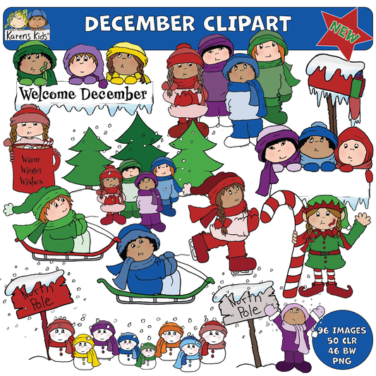 Colored clipart images with elves, kids in mittens and gloves, sledding, skating, North Pole clipart and more.