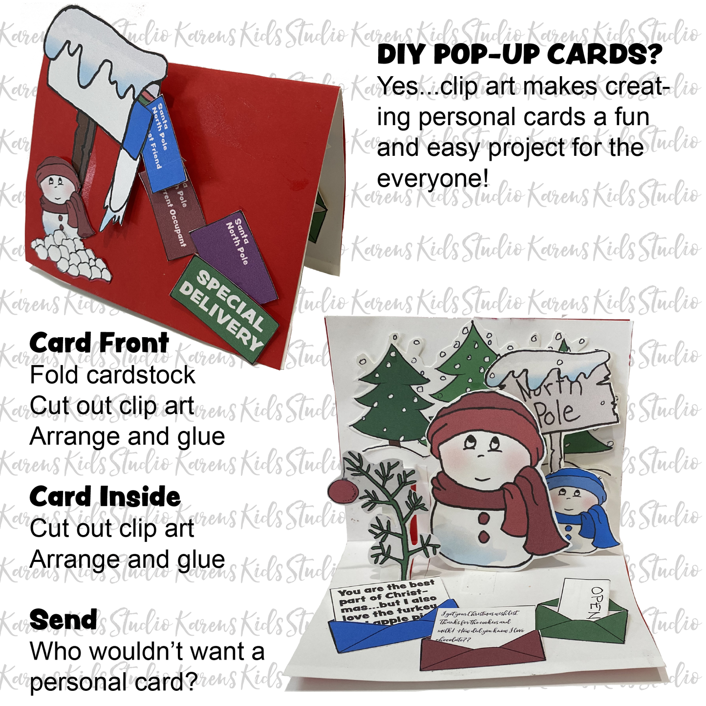 Colored sample of a Christmas card made with clipart snowmen, mailbox, letters and Charlie Brown -type Christmas tree.