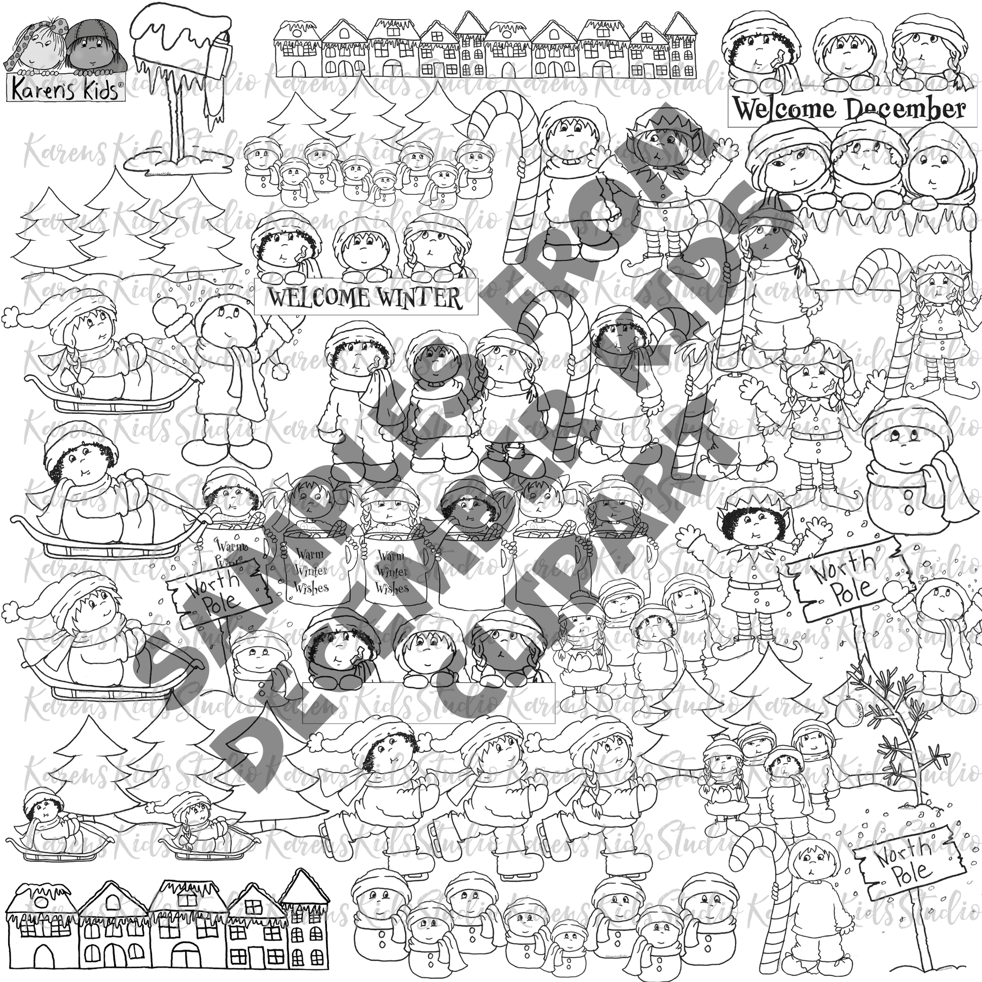 Samples of black and white images of Karens Kids December and winter clipart images.