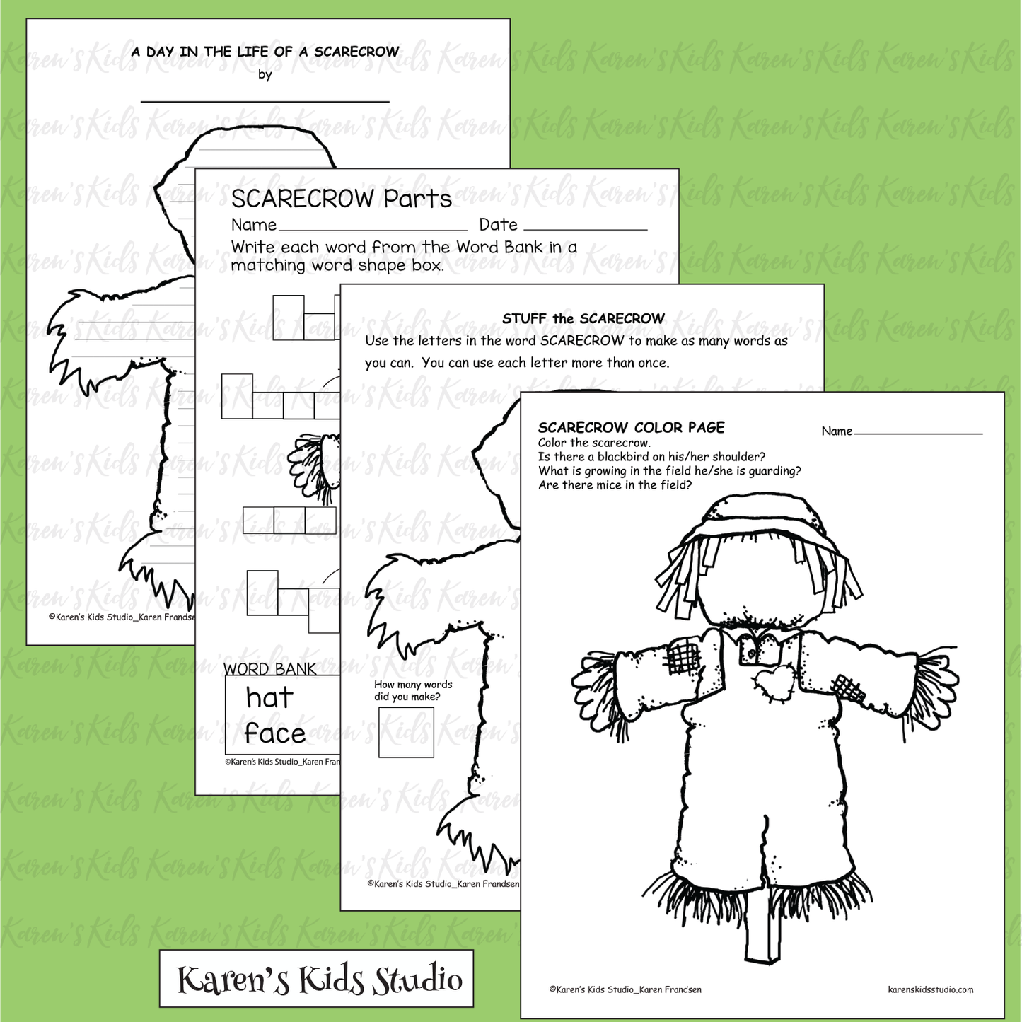 Read Write Color FALL SCARECROW Worksheets (Karen's Kids Printables)