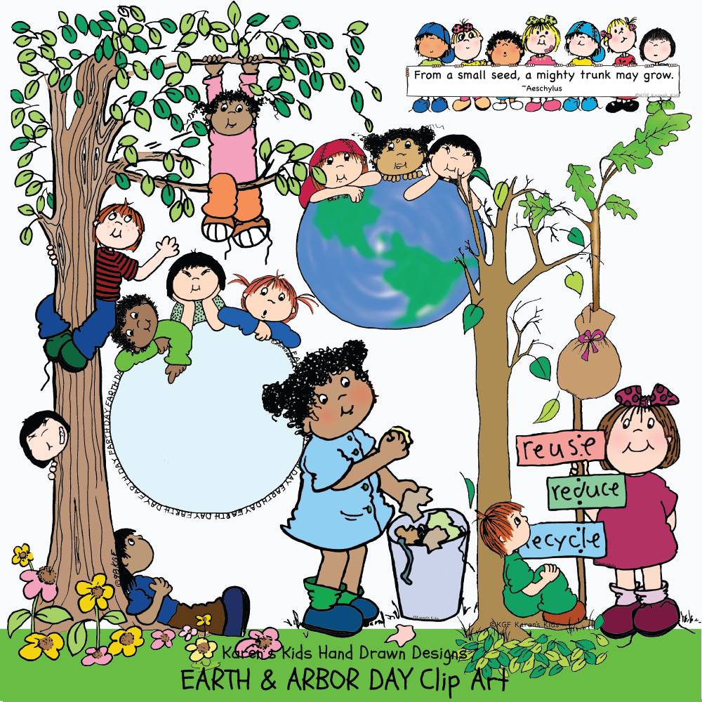 Earth Day illustrations, kids planting, children climbing trees, recycle clip art, kids picking up trash illustrations