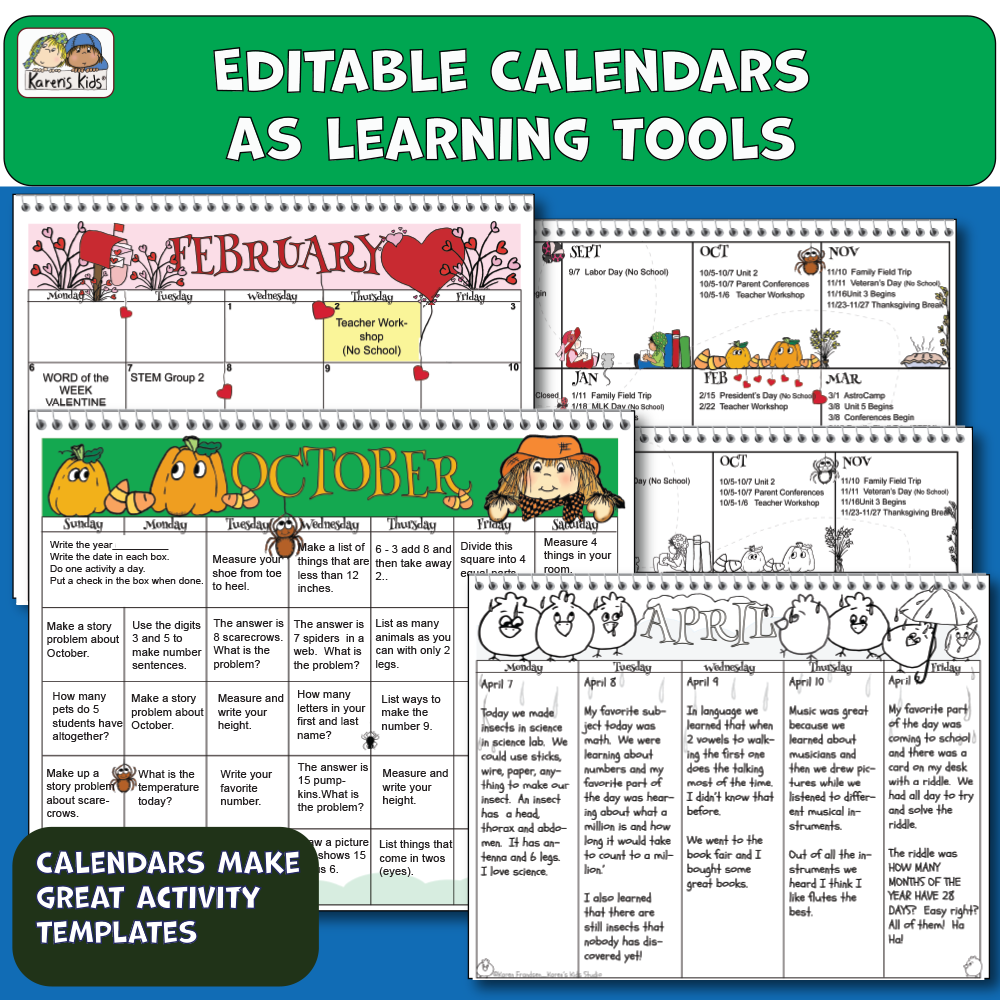 Editable calendars in colorful and black and white designs.  Annual, monthly, and weekly pages.