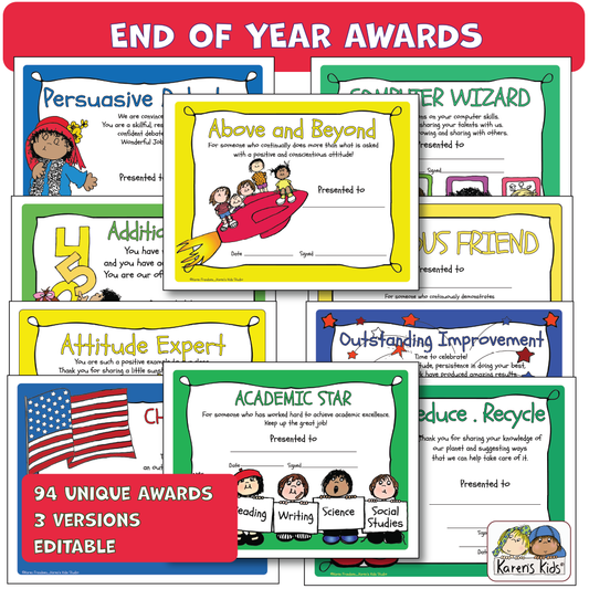 Samples of End of year awards.  A label says  94 unique awards, 3 versions, editable. Monthly awards. Full color.  Something for every single student in your class PreK-6th grades.