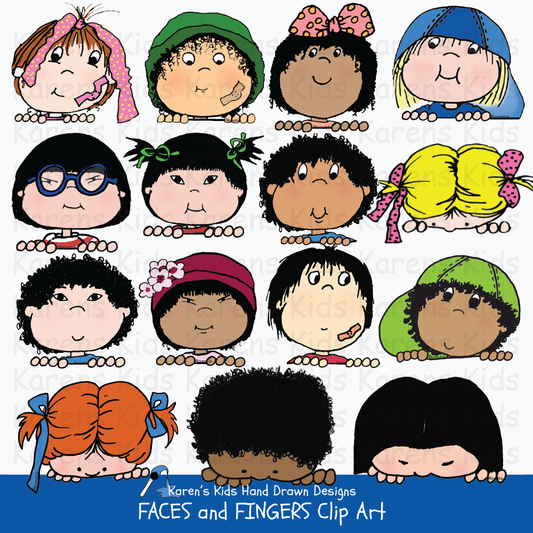 Full color clip art examples of children's faces and fingers from Karen's Kids Clipart Faces and Fingers set; all different kinds of boys and girls with colorful hair, hats and ribbons, and kids peeking over a sign.