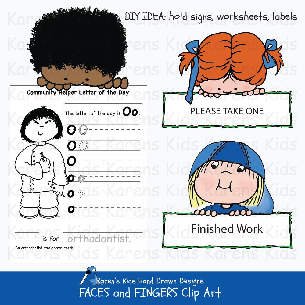 Examples of clip art images of children's faces and fingers for holding signs and announcements from Karen's Kids Faces and Fingers Clipart Set.