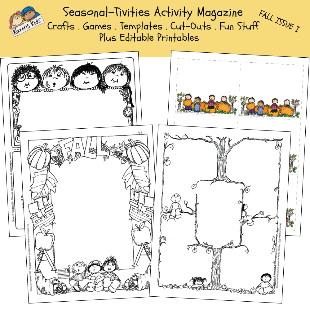 Samples of 4 fall activity worksheets, black white and color, featuring pumpkins, cornucopias, the mayflower and more.