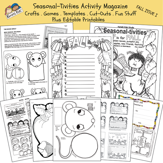 Black and white pages showing activity worksheets for fall including an acrostic Thanksgiving poem, a mouse puppet worksheet and more.