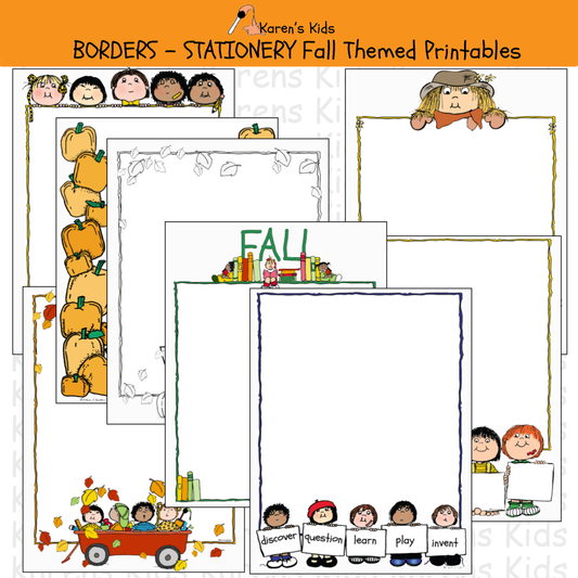 Title reads BORDERS, STATIONERY,  Fall Themed Printables, with pumpkins, leaves, rows of kids, scarecrow,and more.