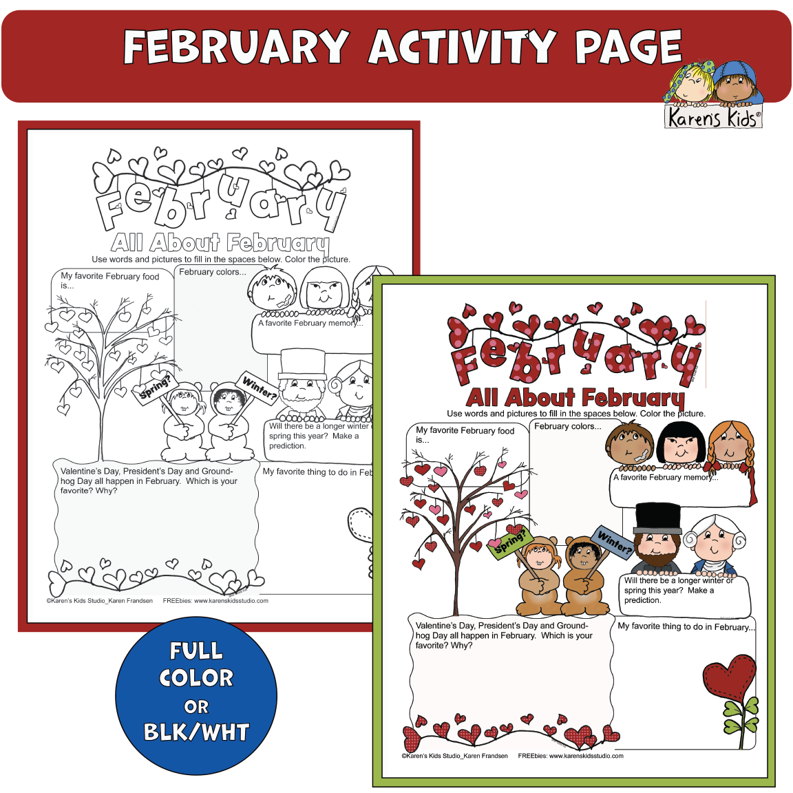 February activity page samples showing black_white and full color pages. Download these freebies.