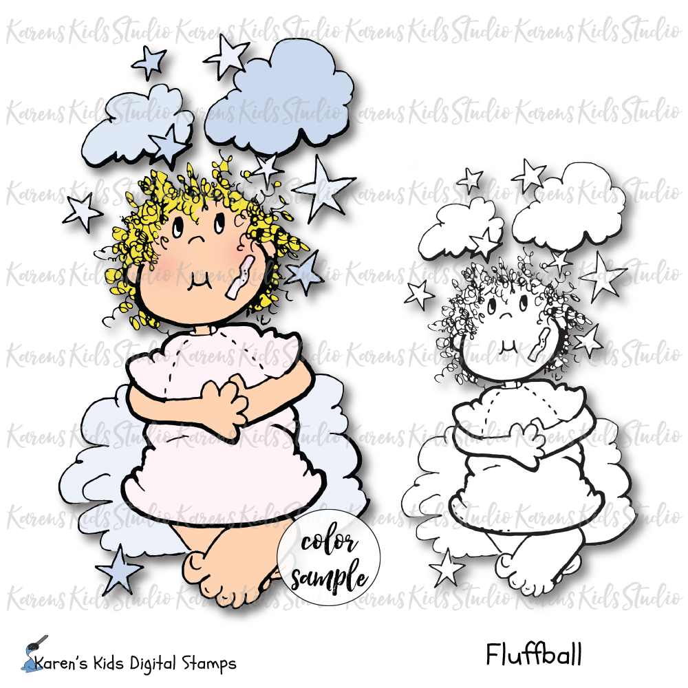 She's huggable and sweet.&nbsp; Create all kinds of heaven-sent projects with this&nbsp;whimsical&nbsp;Fluffball Angel Digital Stamp sitting in the clouds. The color image is not included. It is just a sample of what the black line drawing might look like colored.