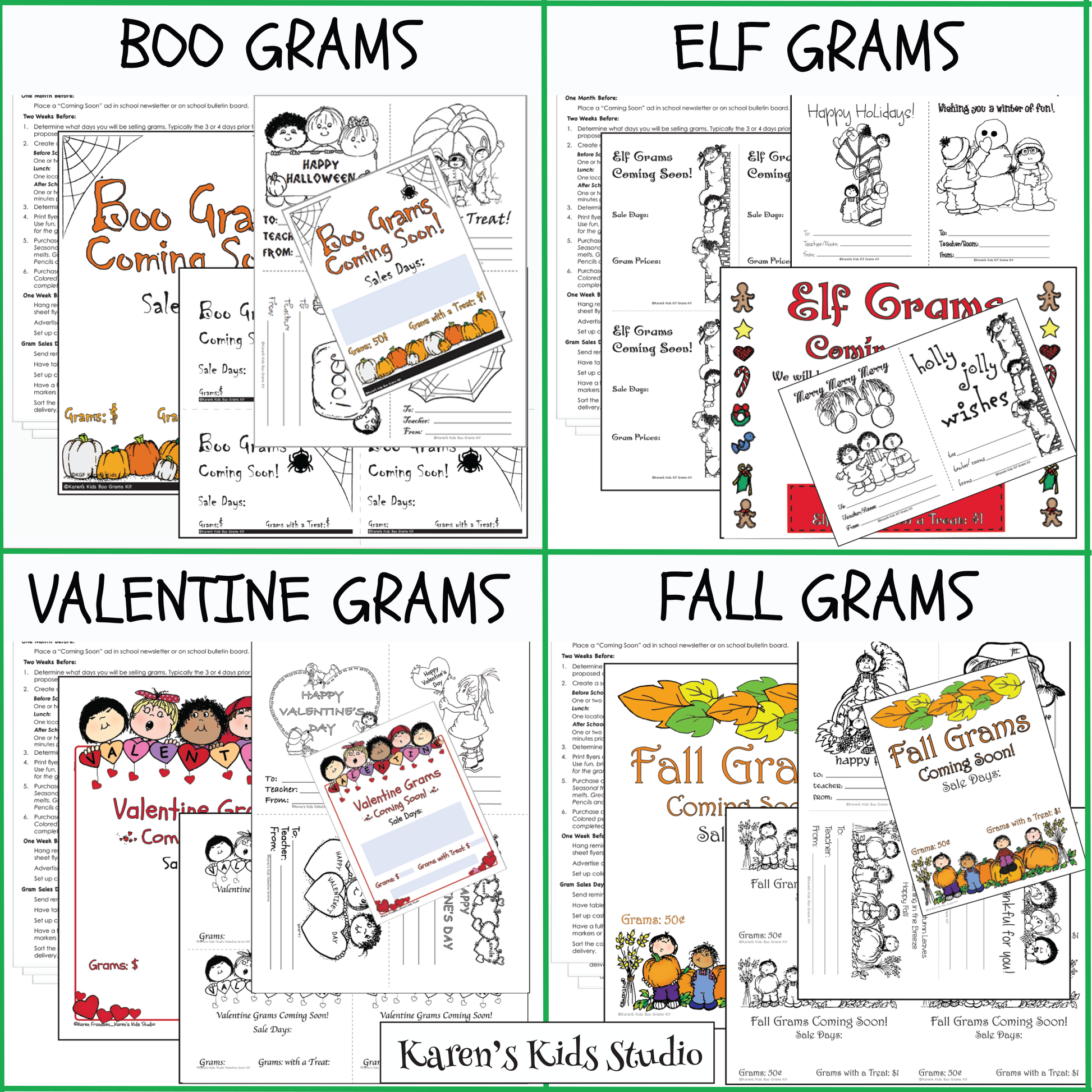 Samples of colorful holiday grams including Valentines Day, Halloween, Christmas, and Fall.