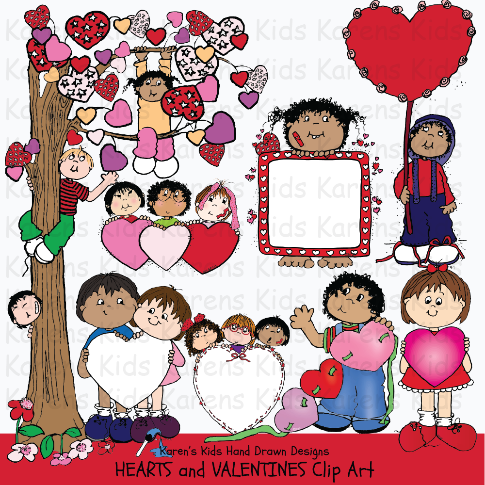 heart drawings, boy holding big valentine, valentine illustrations, tree with valentine leaves, row of hearts, valentine clip art