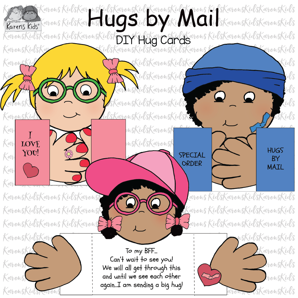 3 samples of Hugs by Mail cards that kids make from cut and paste templates.