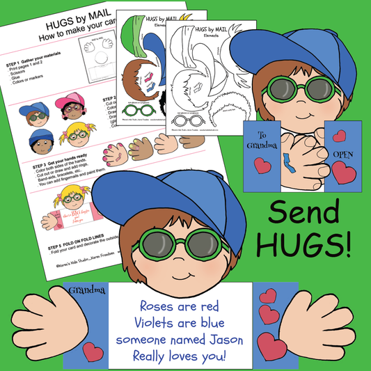 Samples of Hugs by Mail cards that kids make from the cut and paste templates provided.