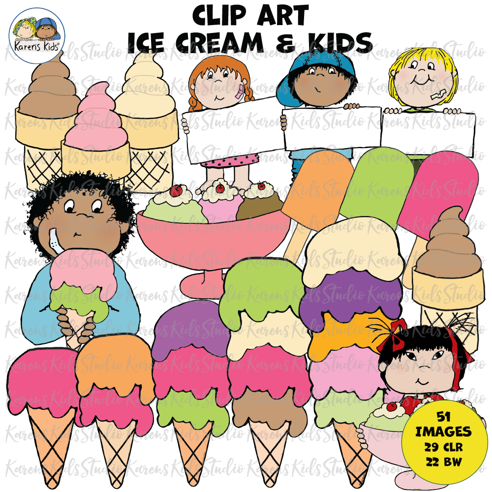 Ice cream cones, all flavors, all colors, sundaes and kids.  Full color and black white.