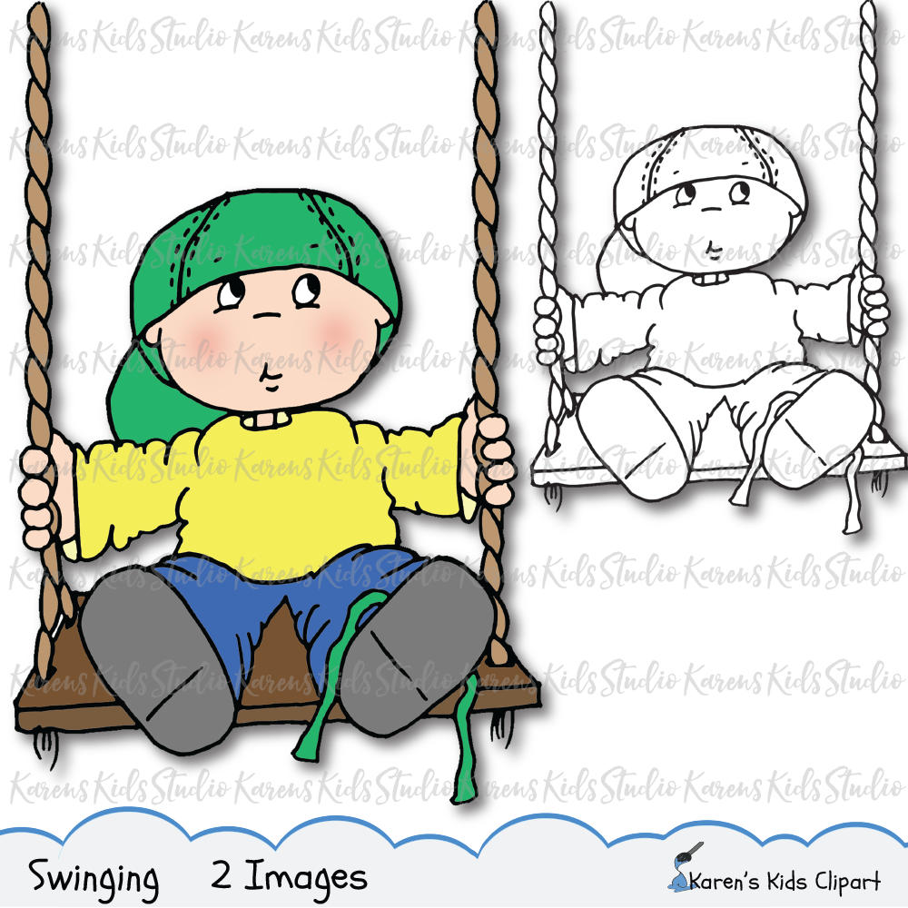 A young boy on a swing. Color image, yellow shirt, green hat, blue pants, untied shoe lace. Black line drawing of the same image.