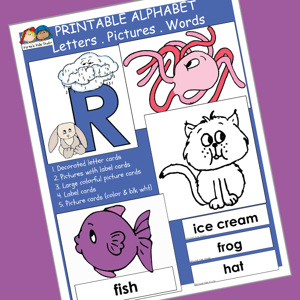 A large colorful letter (R) with a rabbit and rain.  A large purple fish with the label FISH beneath it.  Samples of word cards beneath a black line drawing of a cat.