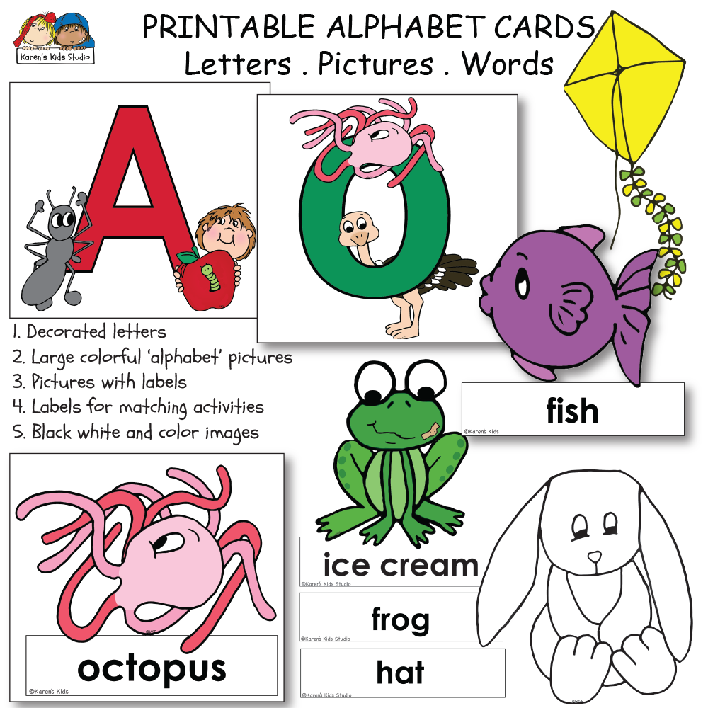 Picture with the title Printable Alphabet Cards, Letters, Pictures, Words. Samples of a colorful A with an apple and ant. A green O with an octopus and an ostrich.  An octopus with the label octopus and a black and white line drawing of a rabbit.