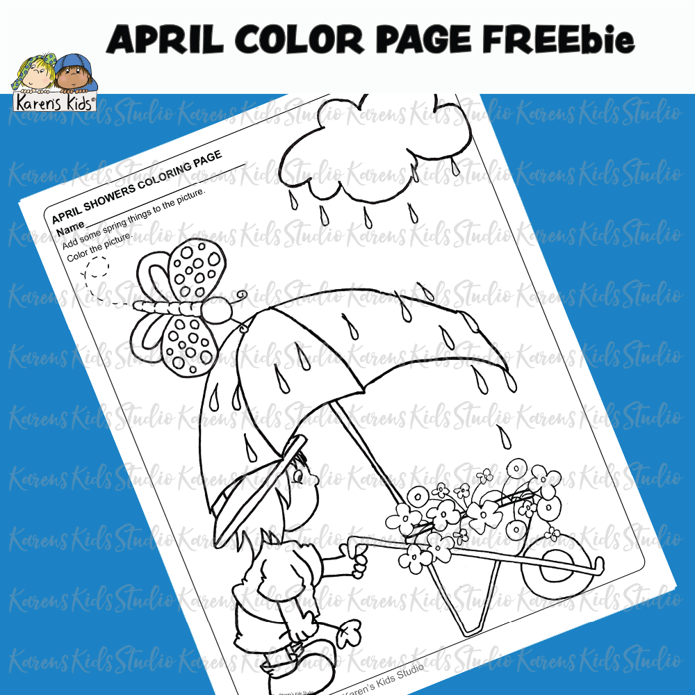 Free coloring page worksheet. The page  title is APRIL COLOR PAGE FREEbie