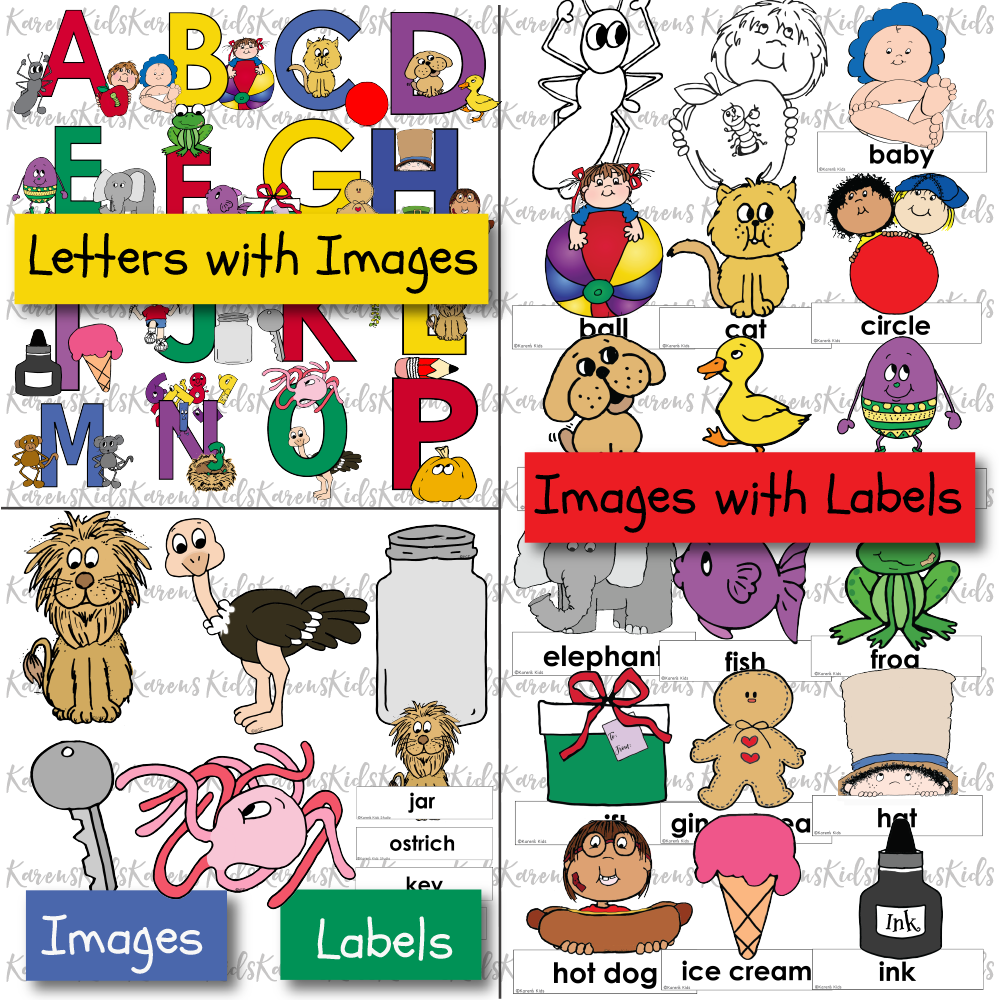 Samples of the 4 colorful sets of letter recognition activities in this set: letters with images, such as baby and beach ball by b; images with labels, such as a cat above a cat label; and a "match the picture to the label exercise, including key, lion, jar and more.
