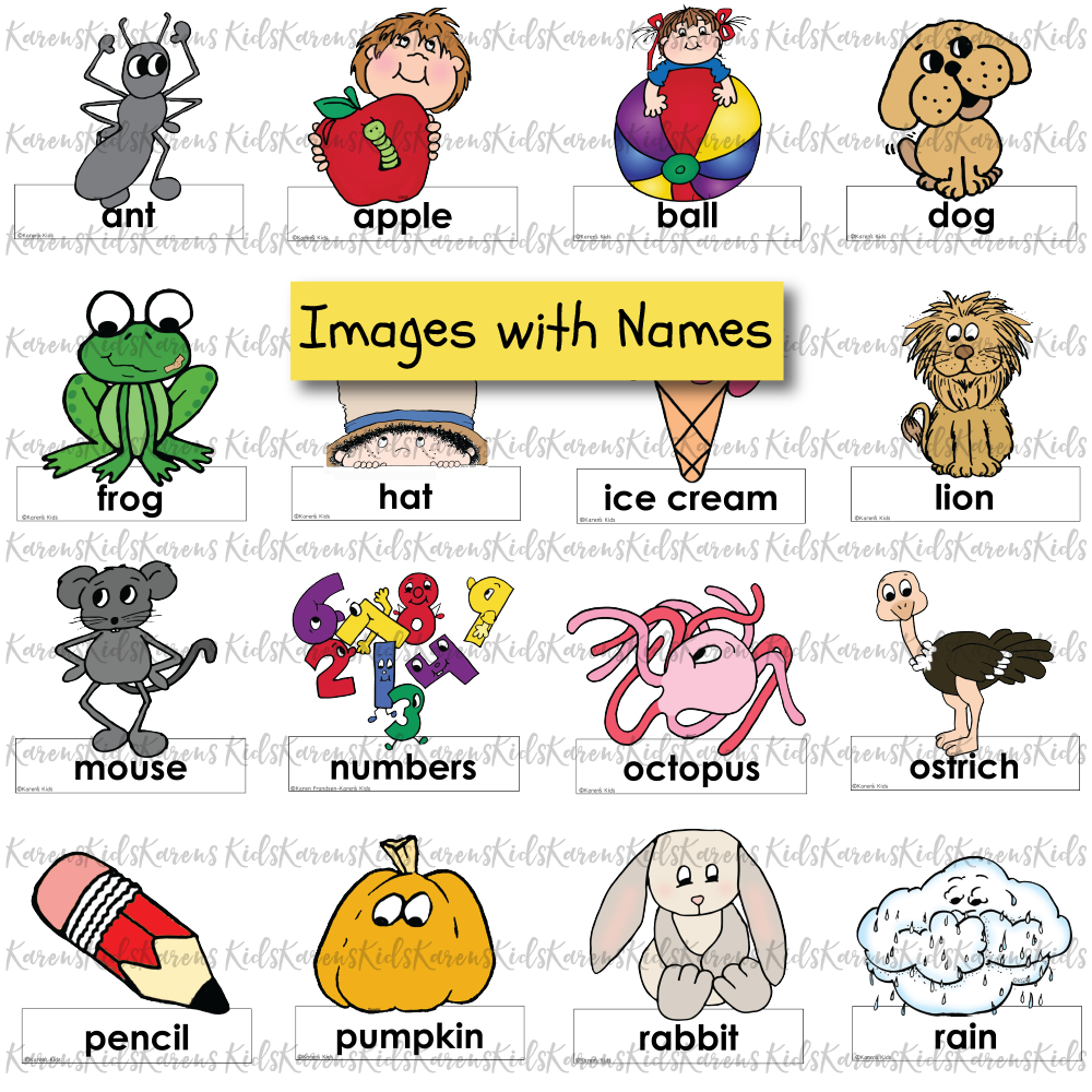 Full color clip Art images of illustrations representing a letter of the alphabet: ant standing above ant label, apple above apple label, etc..