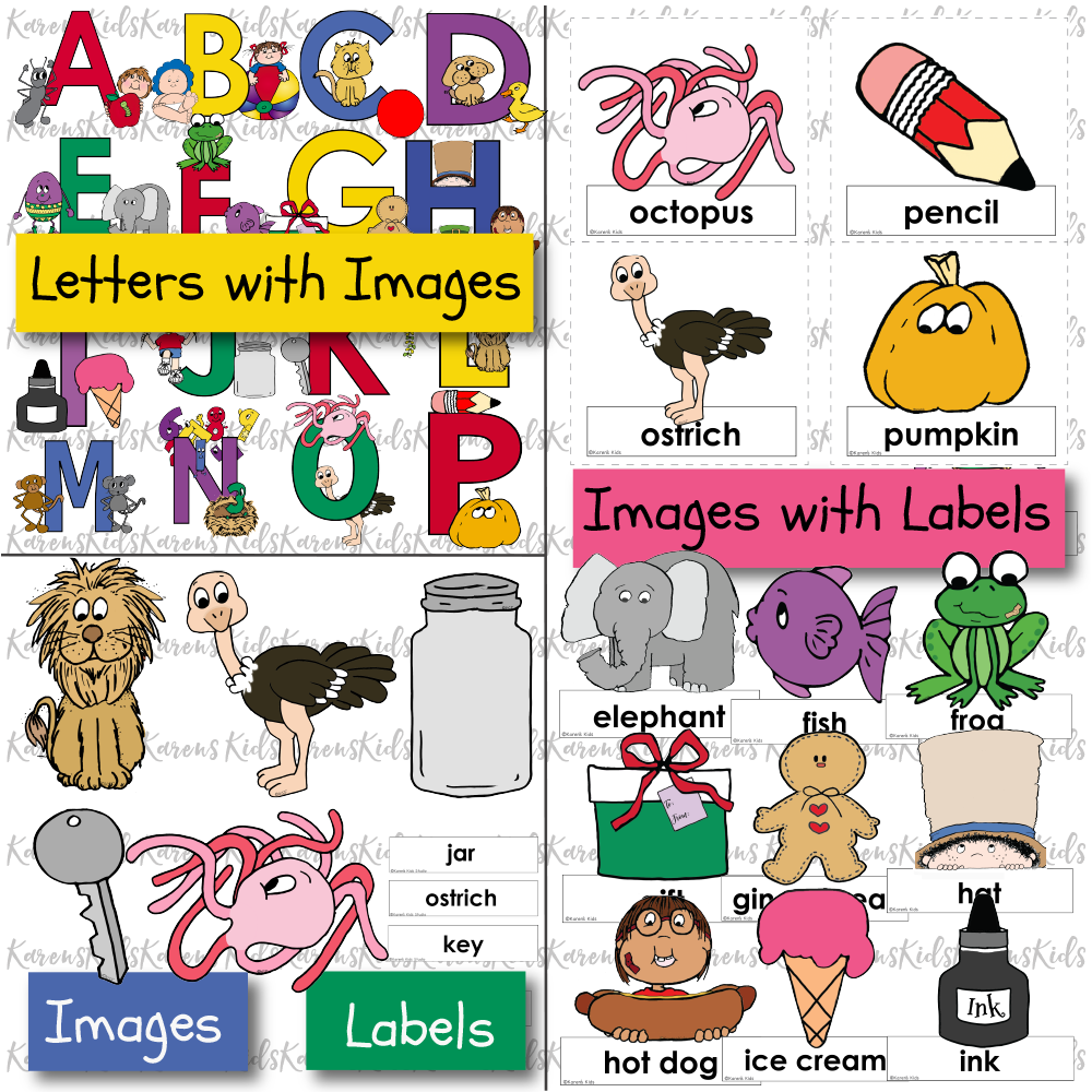 Samples of colorful letters of the alphabet decorated with pictures that begin with that letter.  Samples of clipart pictures with the name of that picture beneath it.