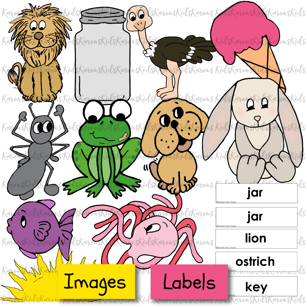 11 clipart pictures including a lion, jar,  ostrich, ice cream, ant, frog, dog, rabbit. 5 individual labels show the names of the clipart pictures.