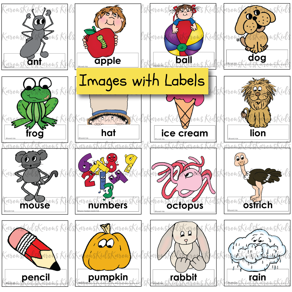 16 boxes with one picture each plus a word that matches the picture.  Ant, apple, ball, dog, frog, hat, ice cream, lion, mouse, numbers, and more.