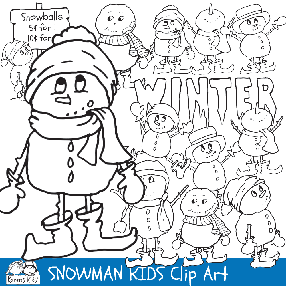 Black and white clip Art samples from  Karen's Kids SNOWMAN KIDS clipart set.