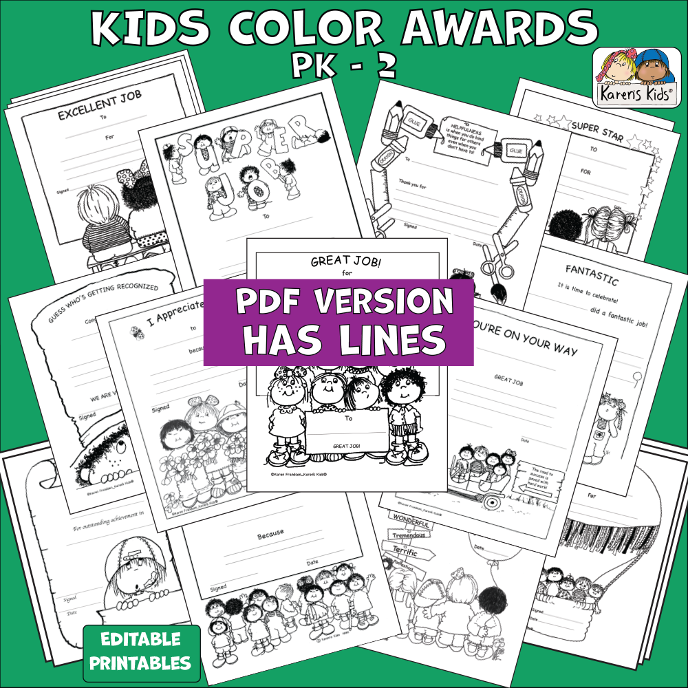 Awards that kids can color.  K-5 awards that are editable and ready to print.