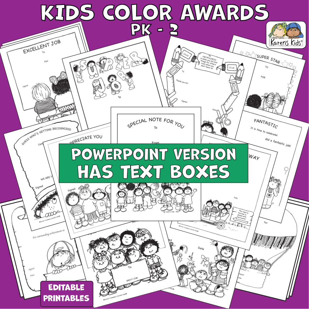 Samples of 13 different black and white awards that kids can color. Title says, KIDS COLOR AWARDS PK-2nd grade. Editable printables.