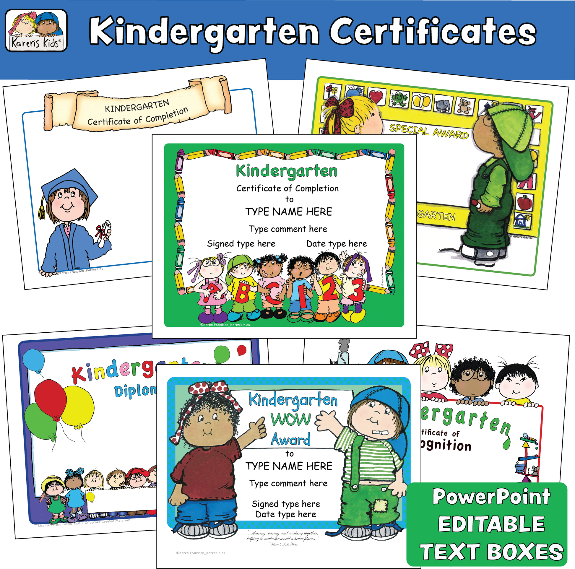 Samples of full color PowerPoint editable Kindergarten Certificates.