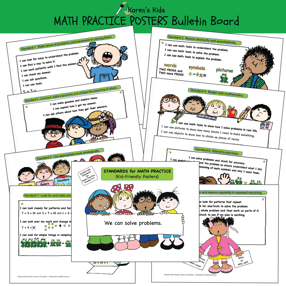 Bulletin Board math practice poster samples CCSS; I can make guesses (Karen's Kids Printables)e sense of problems, I can use pictures, I can use objects, and more.