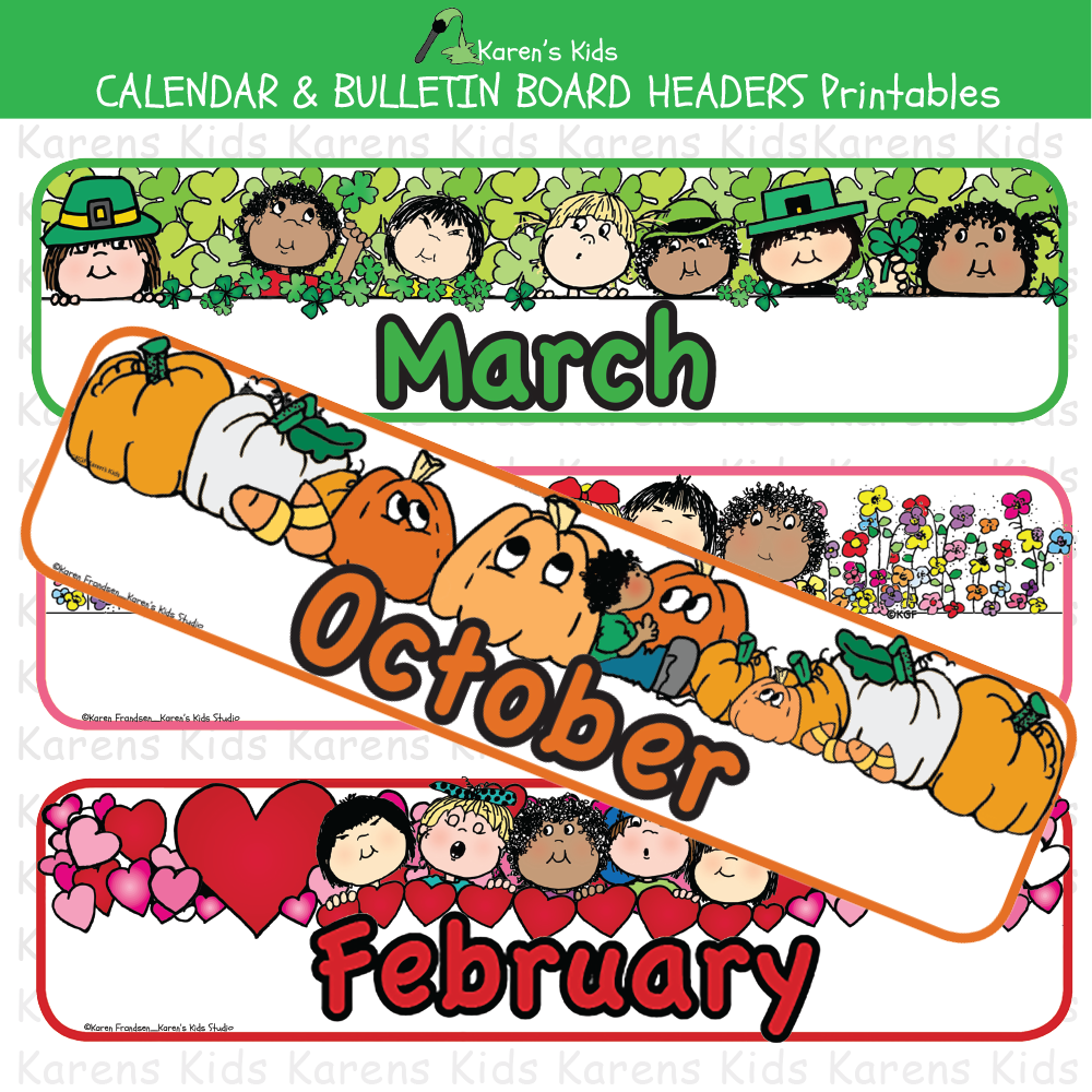 3 samples of cards that show the name of a month and images that depict that month.  March shows 7 kids with green clovers and hats. October has different colored pumpkins and candy corn. February has valentines and 5 kids.