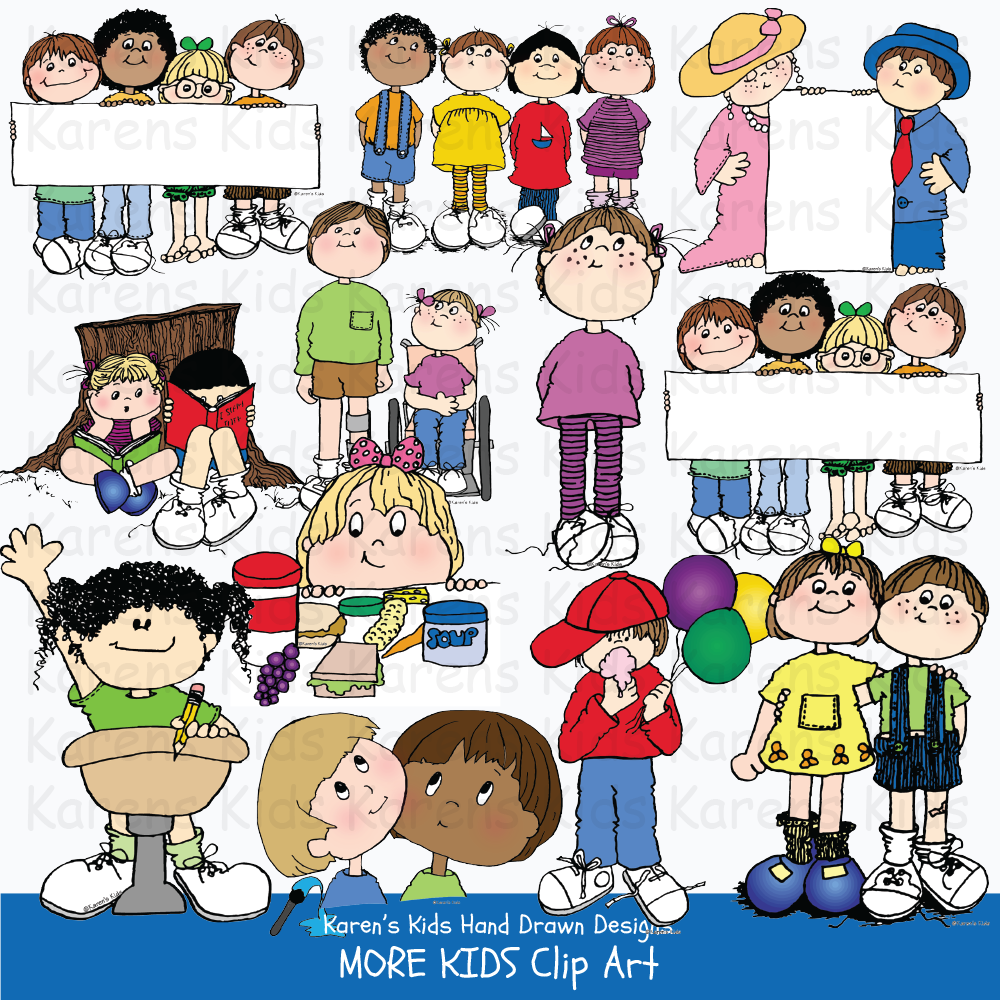 Samples of full color clip art of children: kids holding blank signs, kids raising their hands, eating snacks and performing.