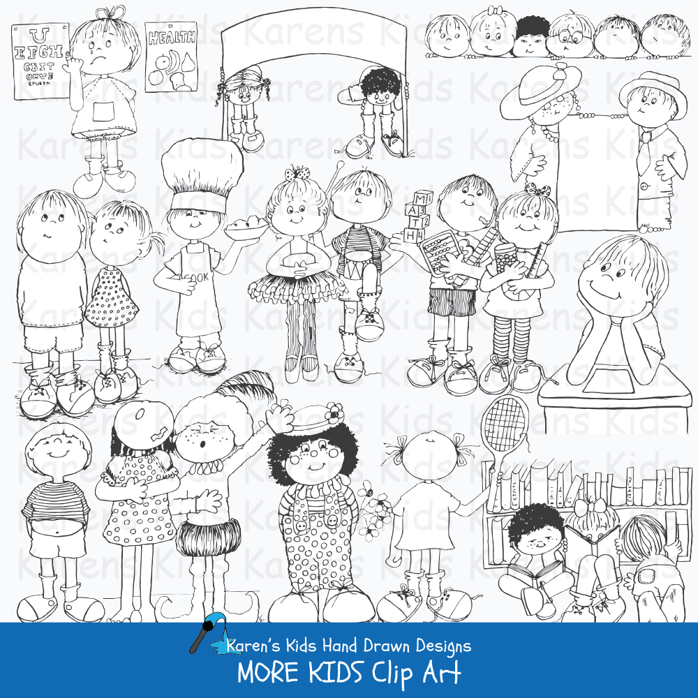 Samples of black and white clip art of children: kids holding blank signs, kids raising their hands, eating snacks and performing.