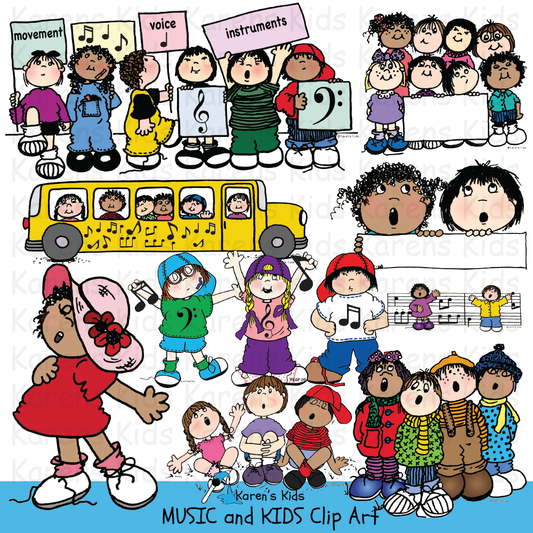 Music clip art samples in full color: music bus, singing kids group, kids holding music symbol cards and bars of music.