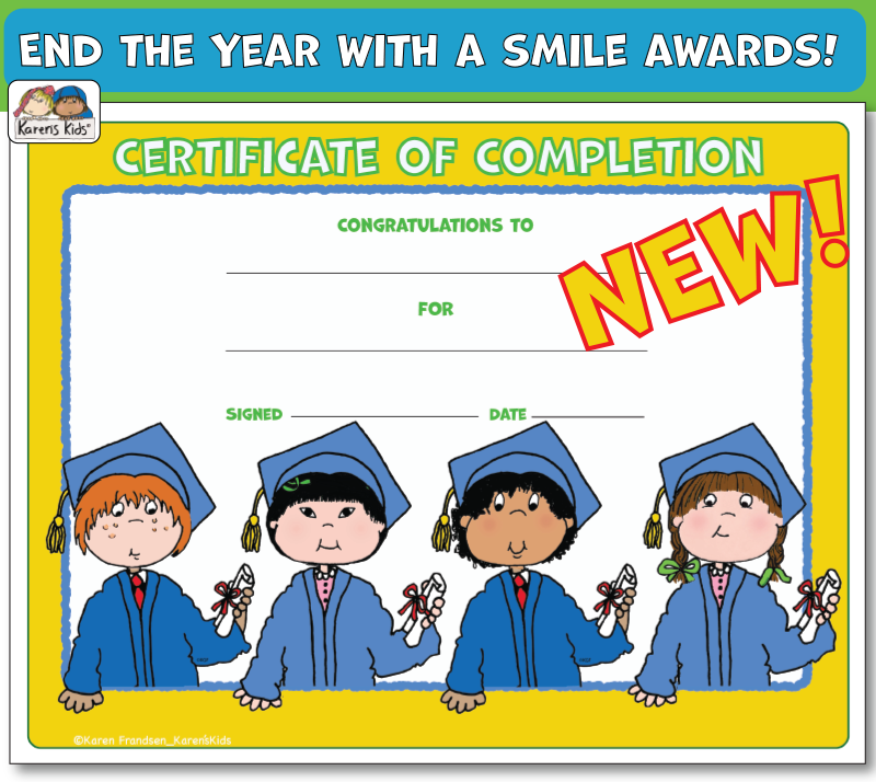 Colorful certificate of completion sample depicting four happy children in cap and gown with diplomas.