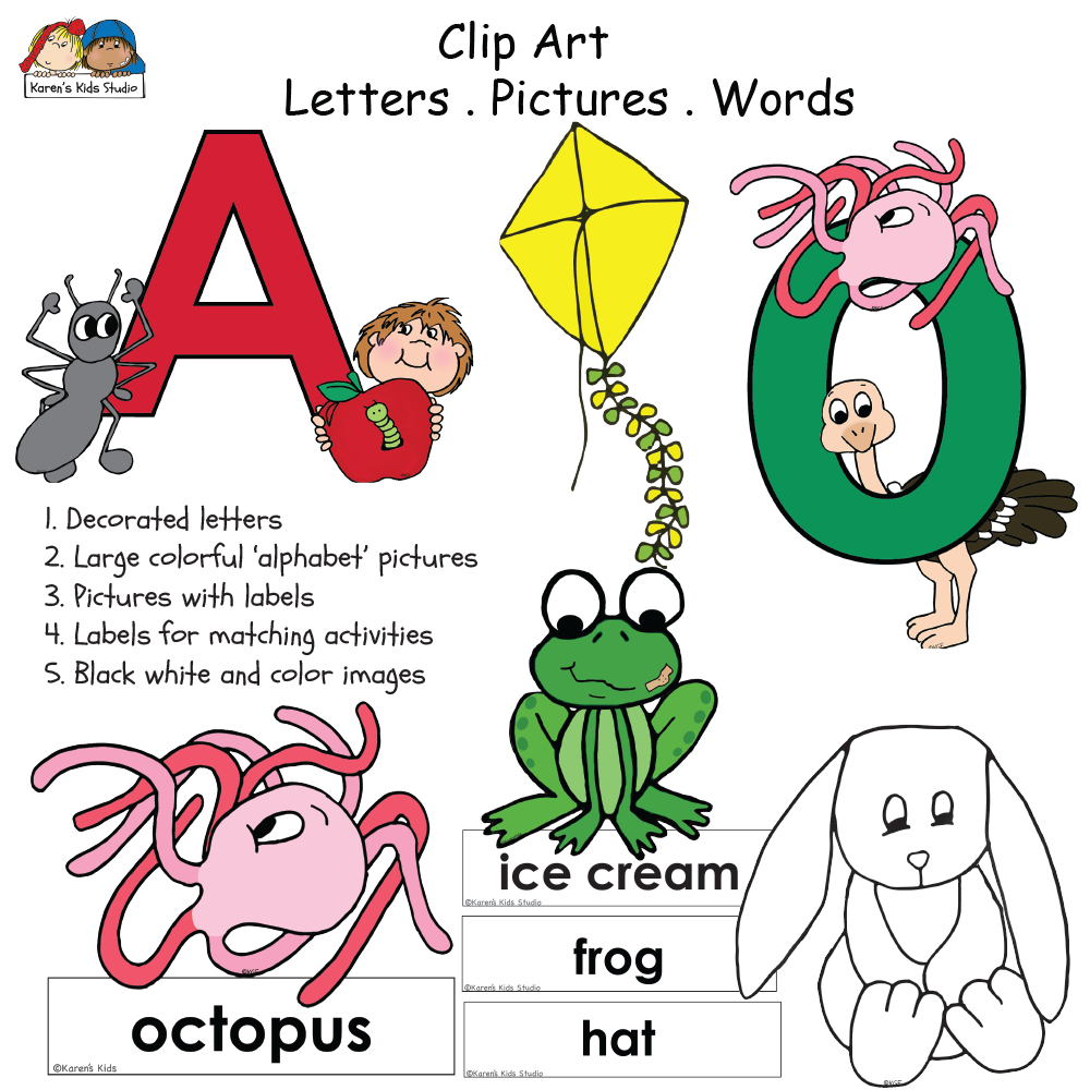 Colorful clipart tools to help kids learn the alphabet mentally, visually and phonetically.