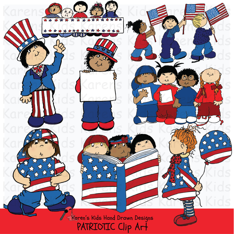 Samples of Patriotic Kids clipart; stars, kids holding a flag, kids dressed in red, white and blue, and marching kids.