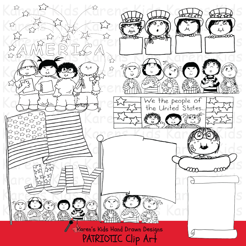 Samples of Patriotic Kids clipart in black and white; stars, kids holding a flag, and marching kids.