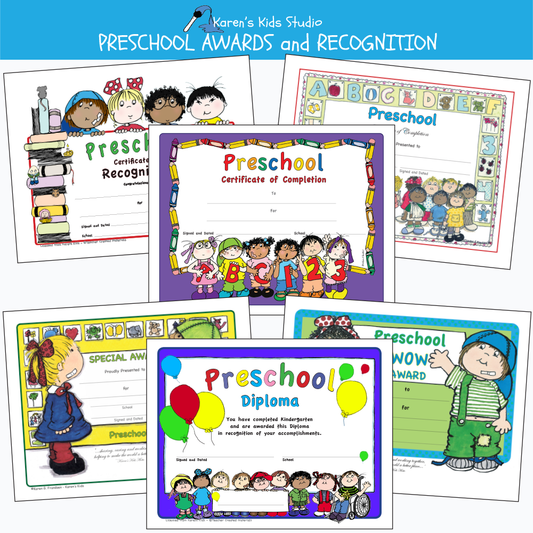 Samples of colorful preschool awards including: certificate of completion, preschool diploma, preschool special award and more.