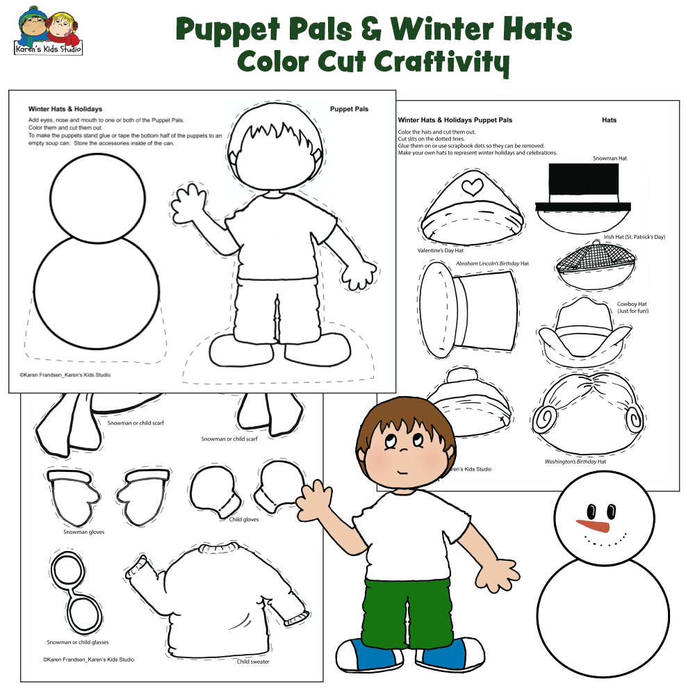 Puppet Pals and Winter Hats Craftivity Free Template (Karen's Kids Printables)