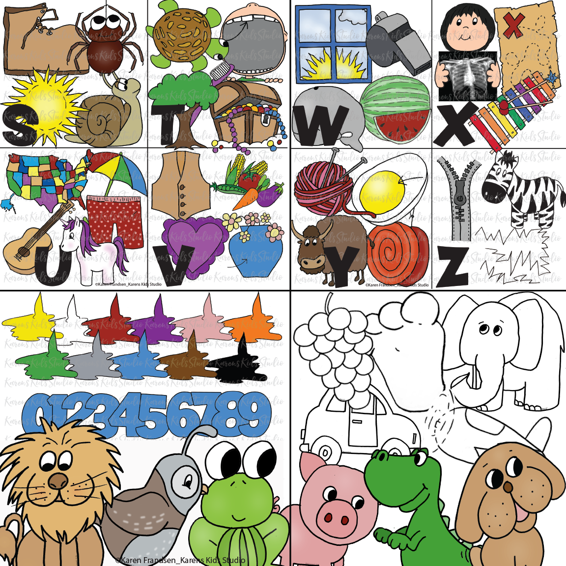 Colorful alphabet pictures with 4-7 pictures per letter.