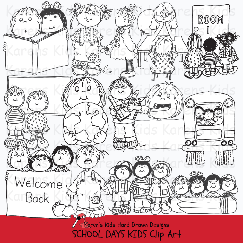 Black and white clip art samples of kids at school from Karen's Kids School Days clipart set.
