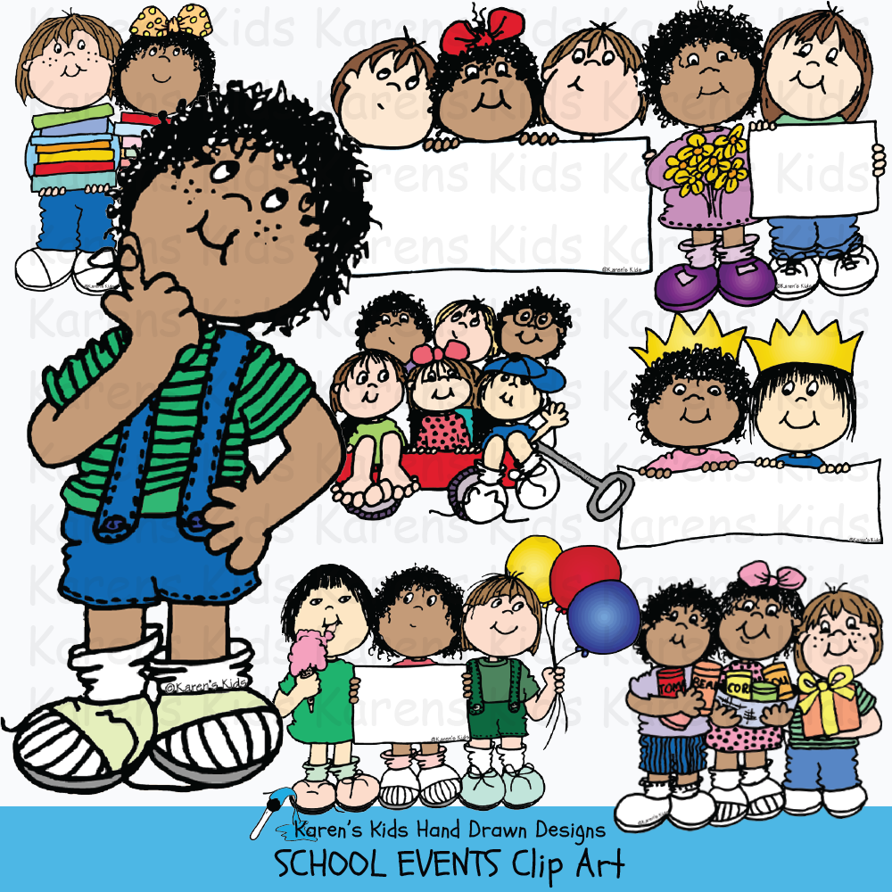 Clip art samples of school events, kids and celebrations in full color from Karen's Kids School Events clipart set.