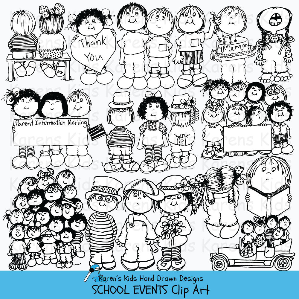 Clip art of school events and celebrations in black and white.