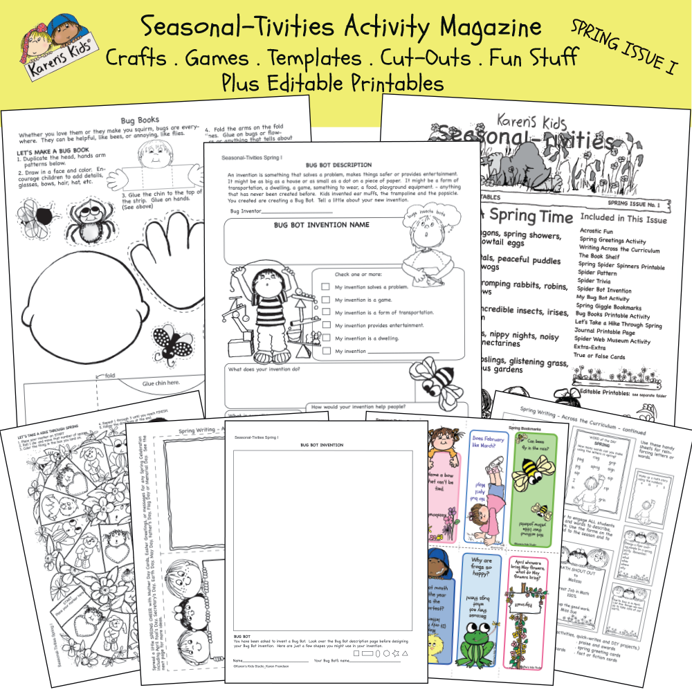 Samples of Spring activity worksheets; science, invention, writing.